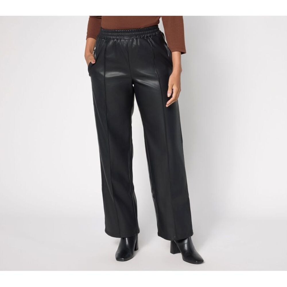 Adidas Women's Plus Sz Pants 1X Pull-On Faux Leather Relaxed Black A710609
